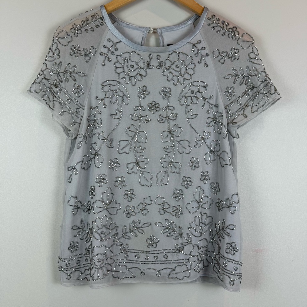 Needle & Thread Top‎ Womens 4 Gray Floral BeadedShort Sleeve Blouse Spring Motif